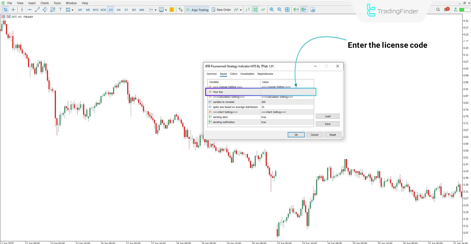Entering the license code in BTB Strategy Indicator