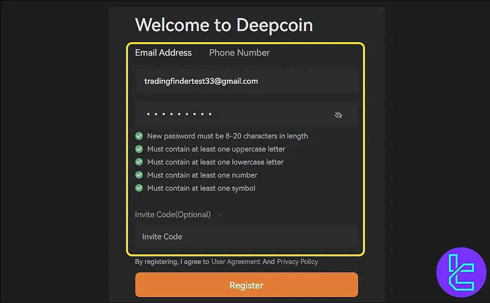 deepcoin registration form