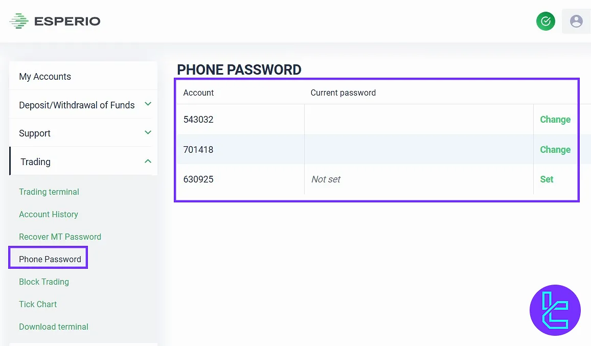 Esperio member area security settings for phone-based access
