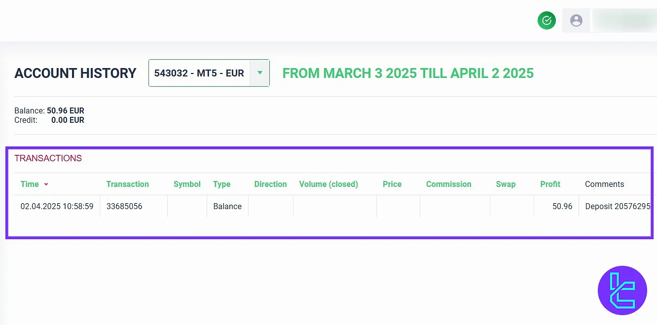 Esperio dashboard, Account History