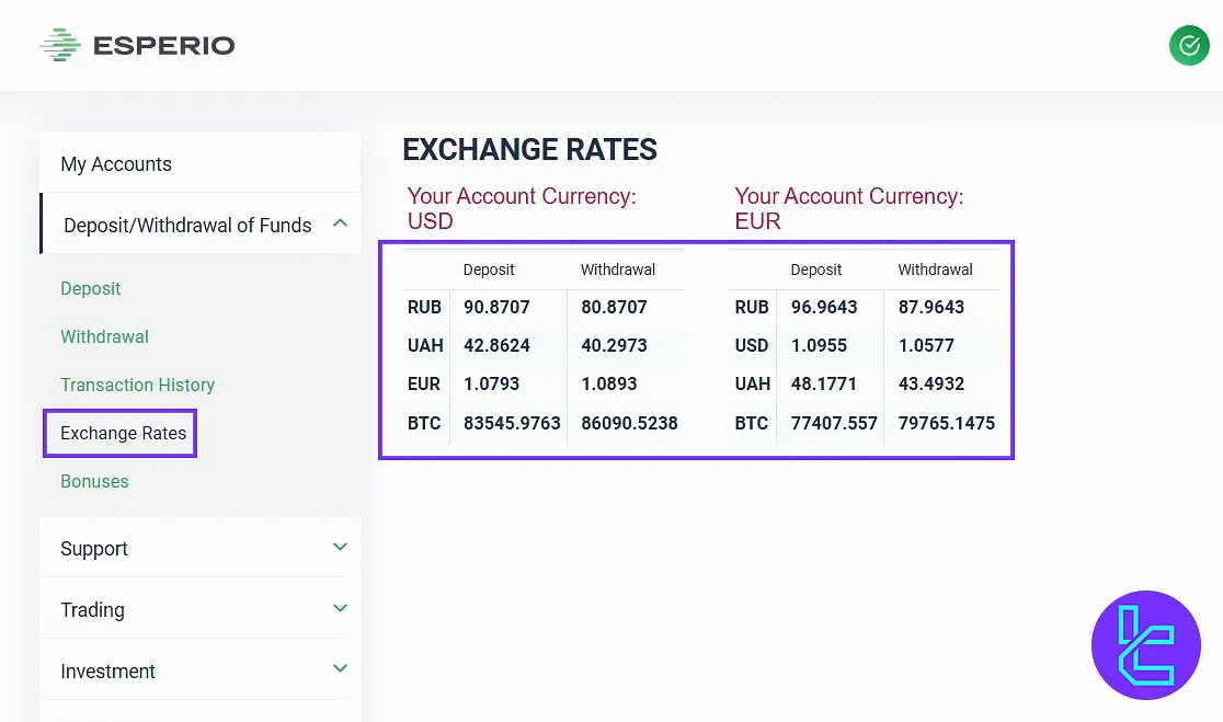 Esperio user panel, Exchange Rates