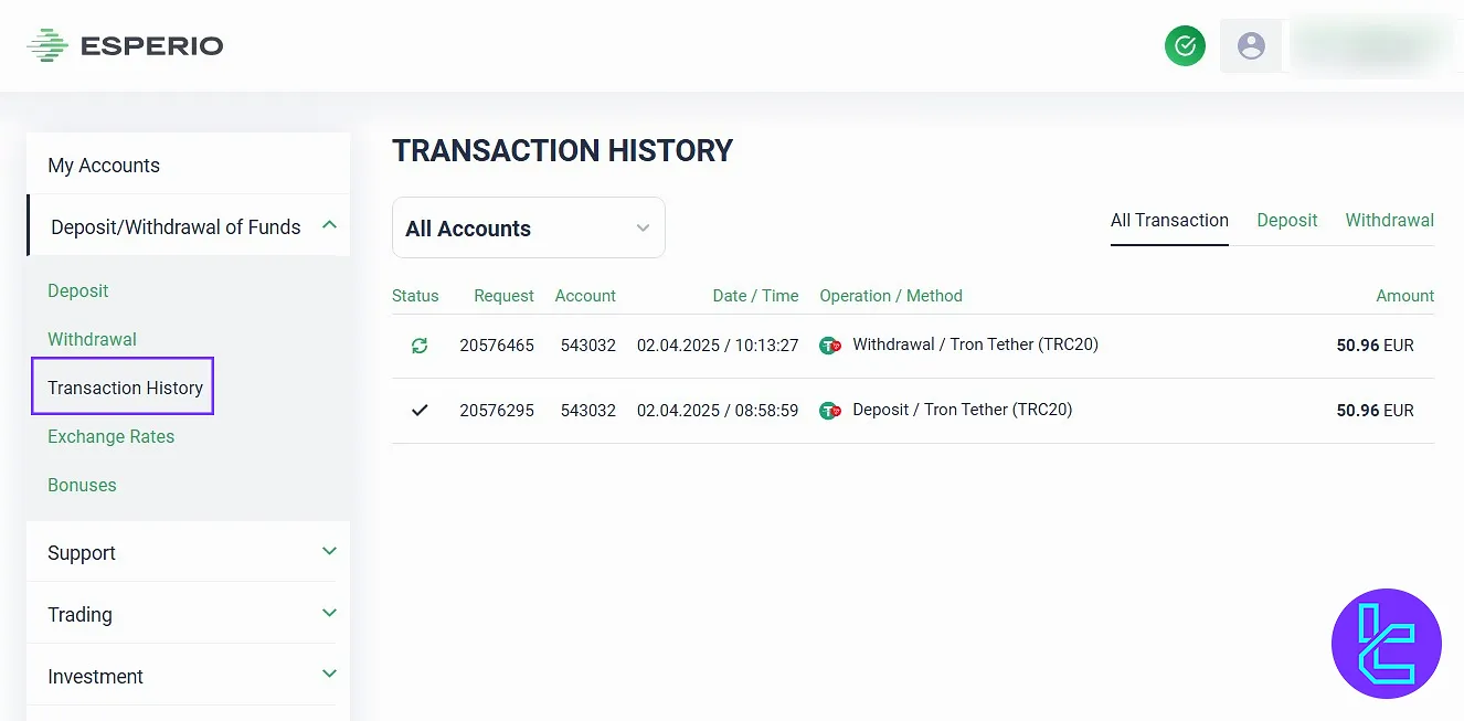 Esperio Transaction History in the client portal