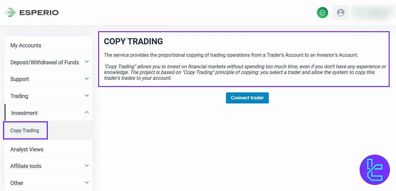 Esperio Invest panel for copy trading