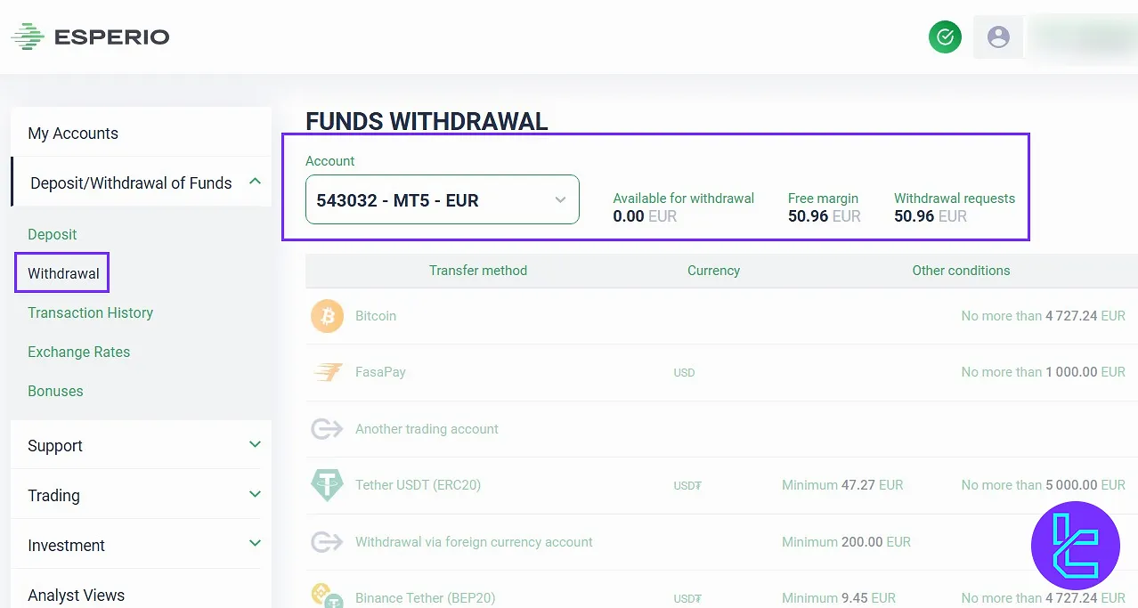 Esperio Withdrawal from the main dashboard