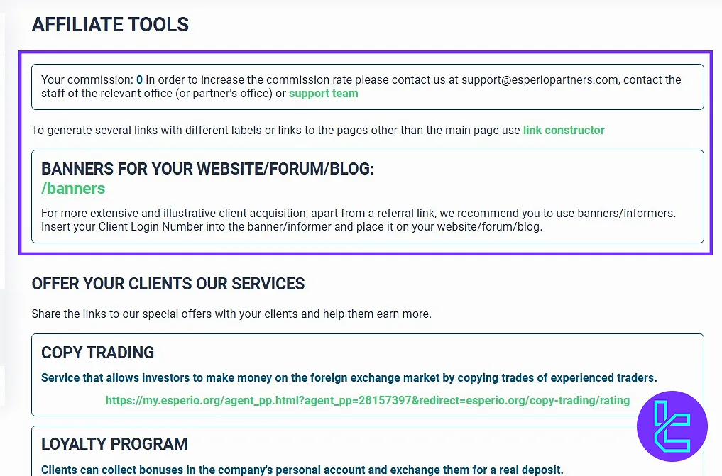 Esperio dashboard Affiliate Tools