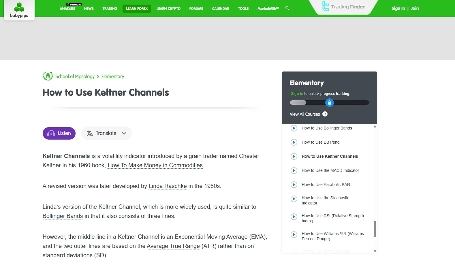 Introduction of the Keltner Channel Indicator on Babypips