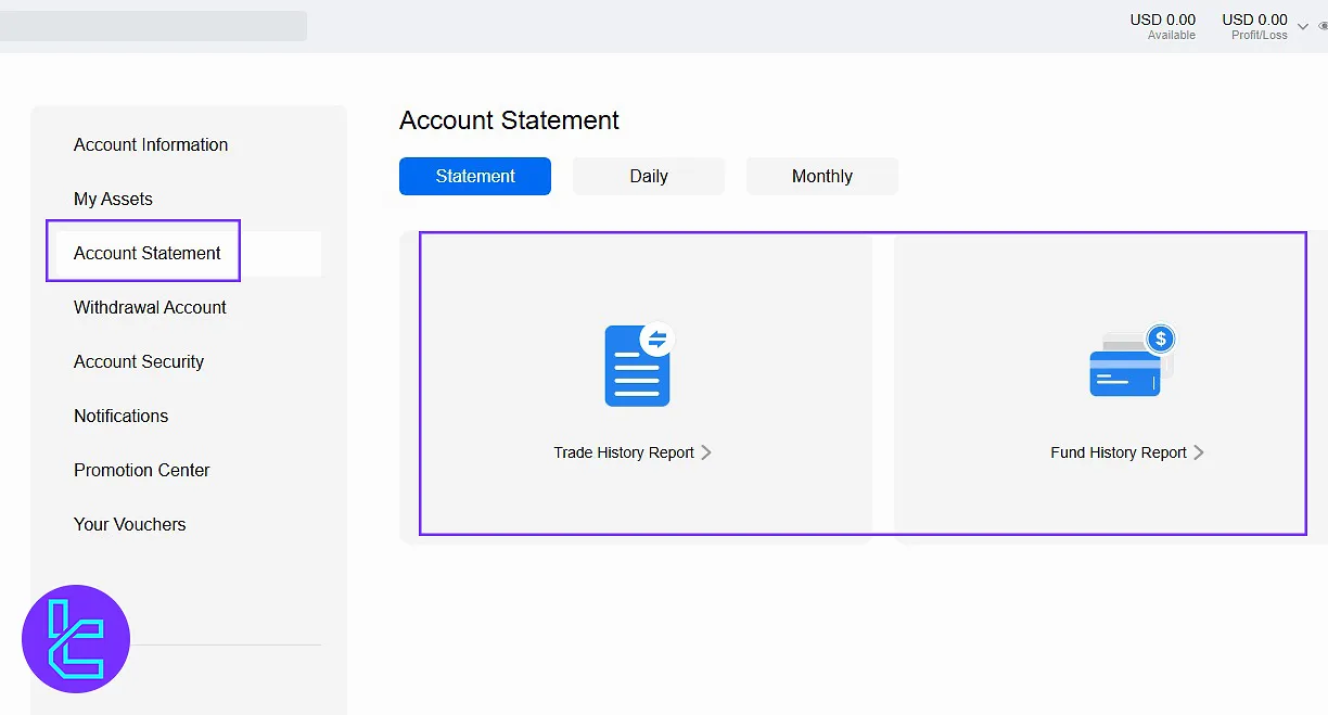 Account statement section on the Mitrade panel