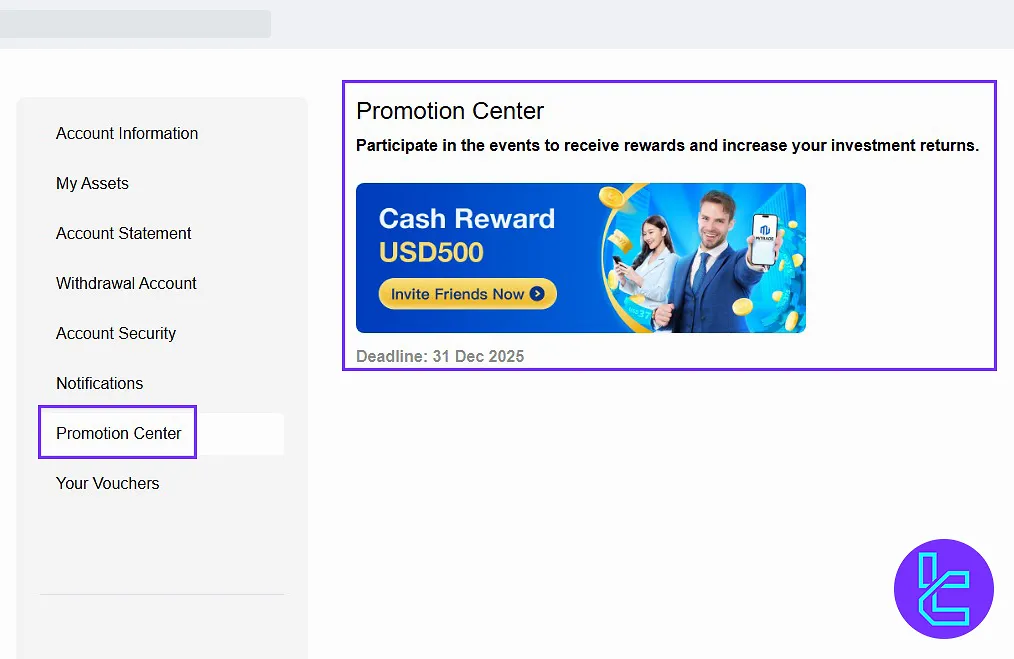 Promotion center on the Mitrade dashboard