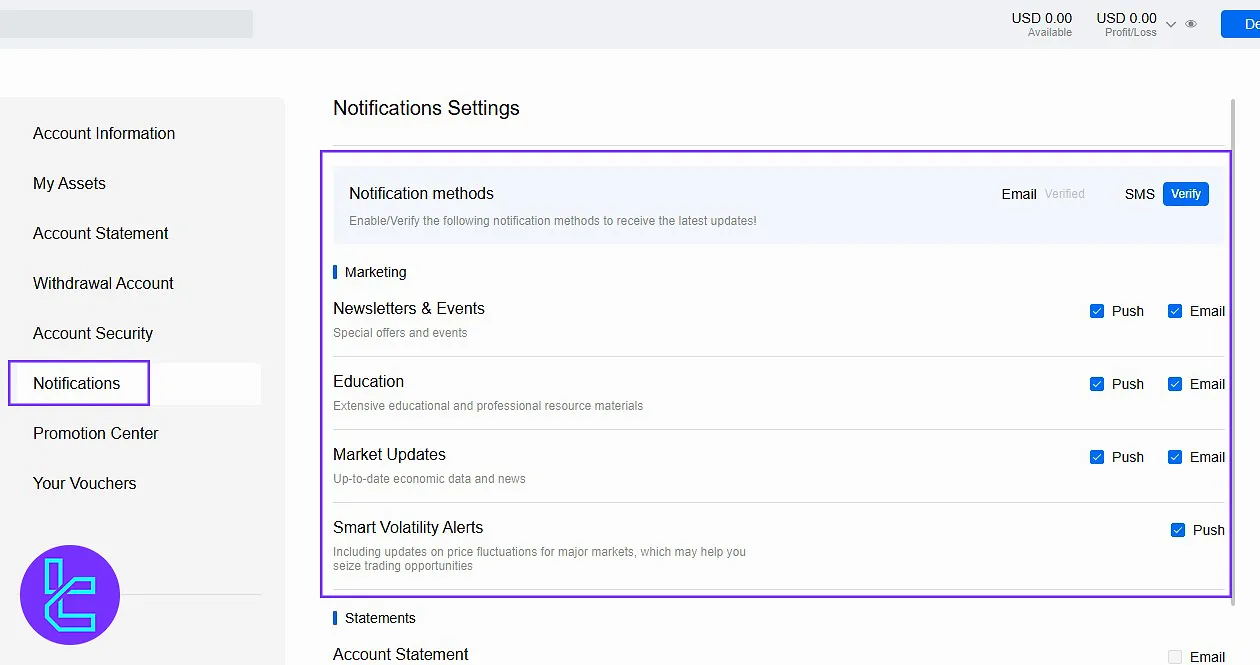 Notifications settings section in the Mitrade cabin