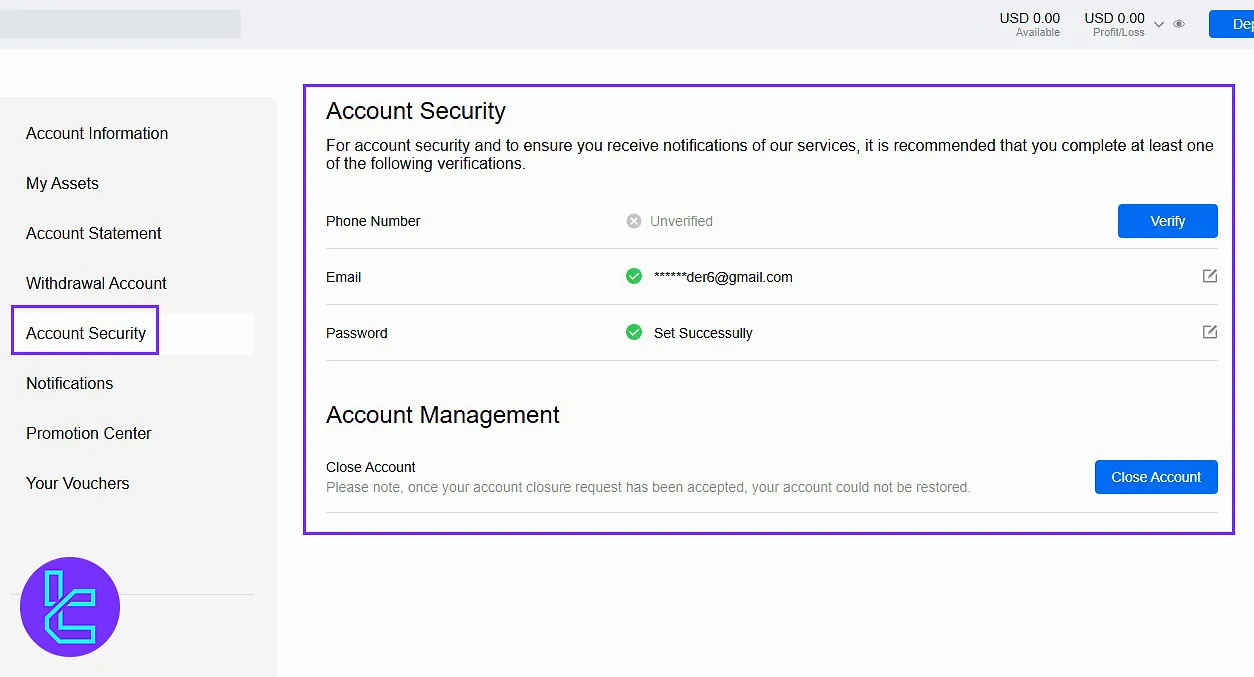 Account security settings on the Mitrade user panel