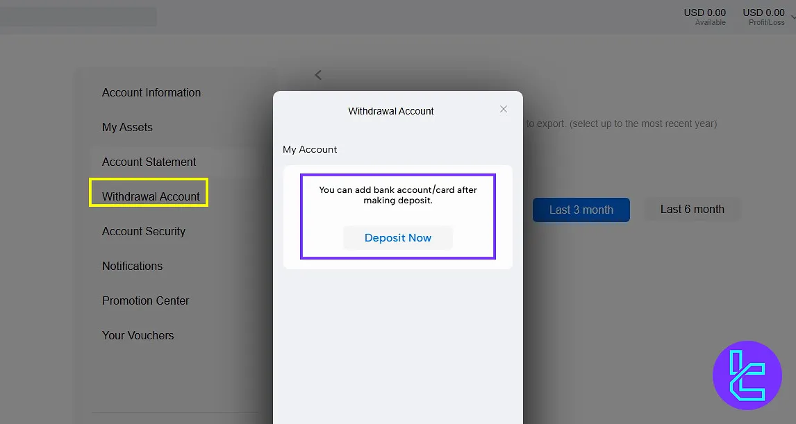 Withdrawal options section in the Mitrade client area