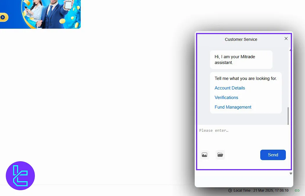 Live support option on the Mitrade cabin