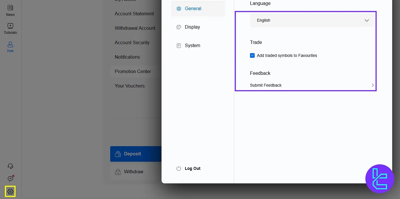 Settings section on the Mitrade panel for language and profile changes