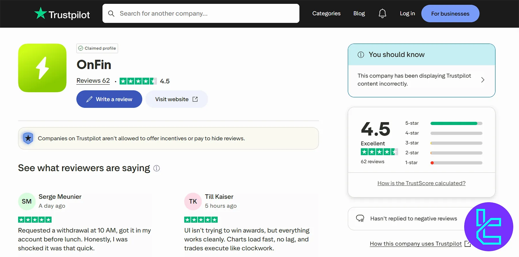 OnFin Trustpilot