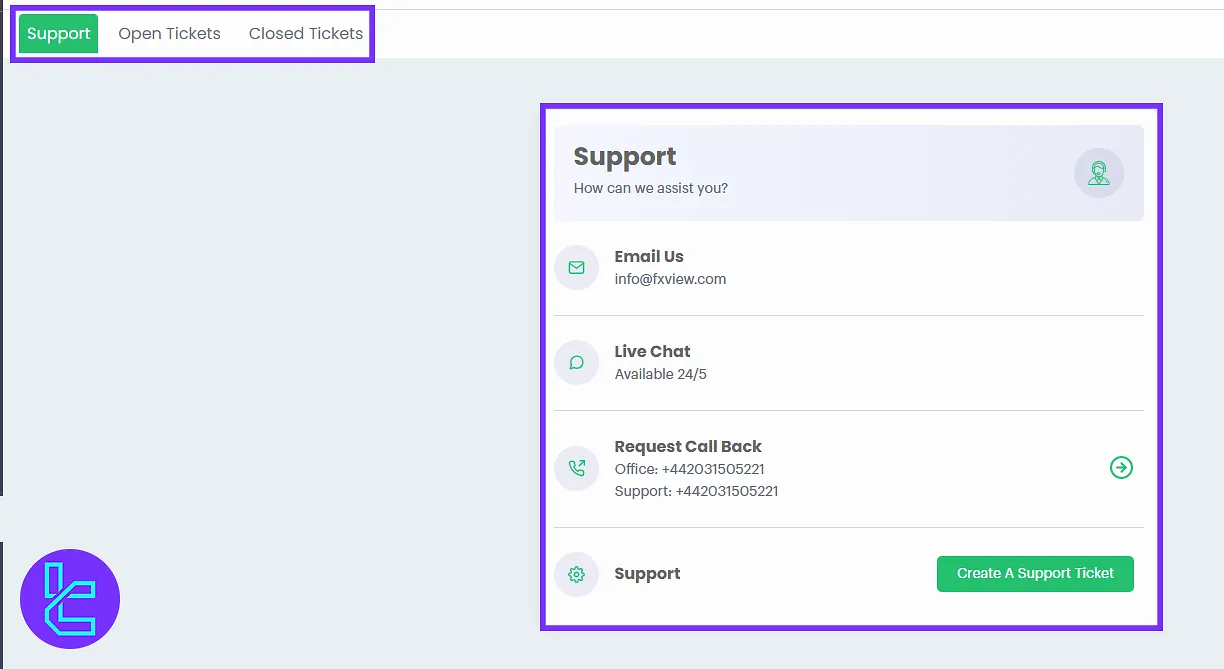 Fxview dashboard support chat and tickets