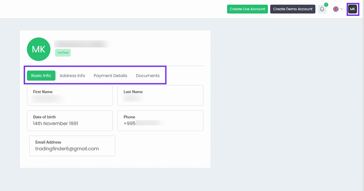 Fxview panel, profile, and documents section