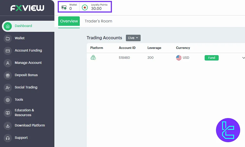 Fxview panel, wallet, and loyalty points section