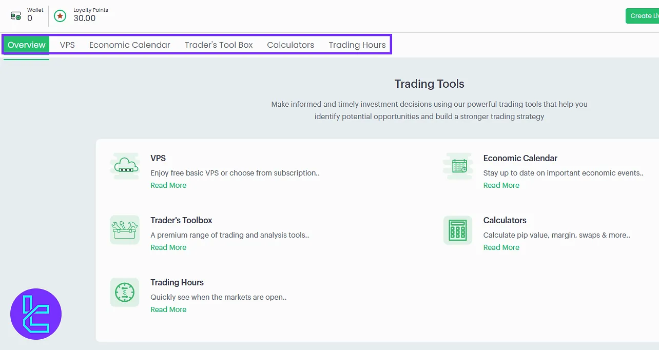 Trading tools in the Fxview client area