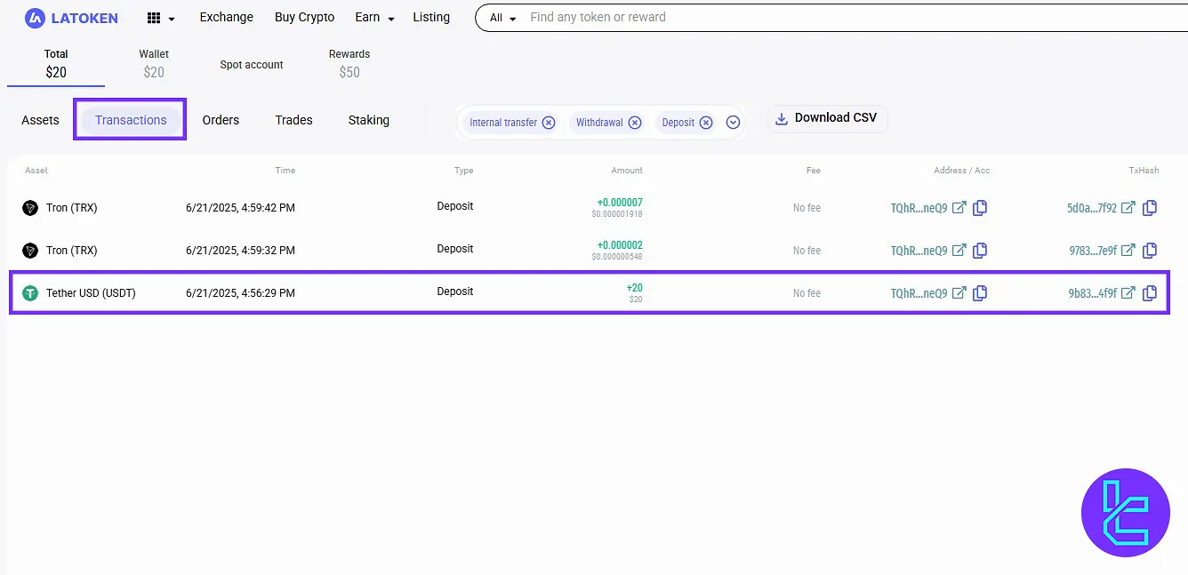 View transaction history for Latoken USDT TRC-20 deposit