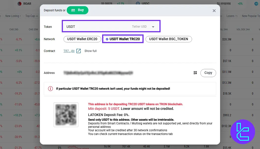 TRC-20 selection for Latoken Tether deposit
