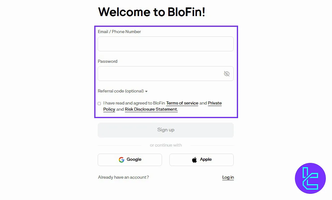 password setting in the BloFin signup process