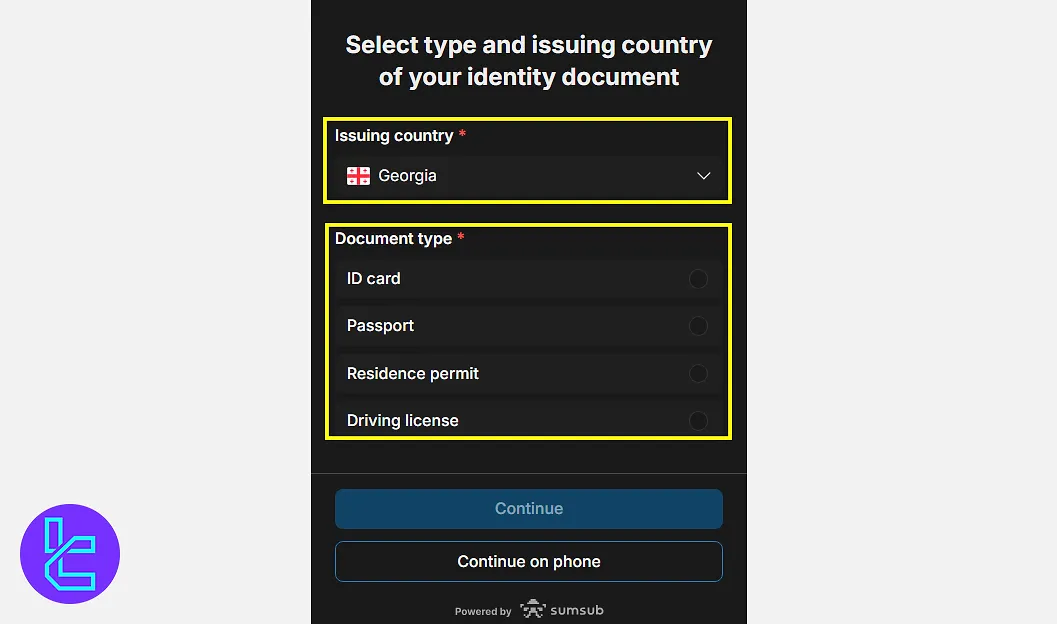 Country and ID selection in ICRYPEX KYC