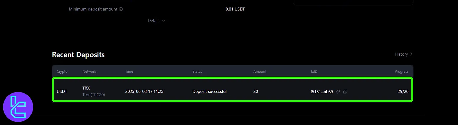 MEXC exchange recent deposits with Tether TRC20