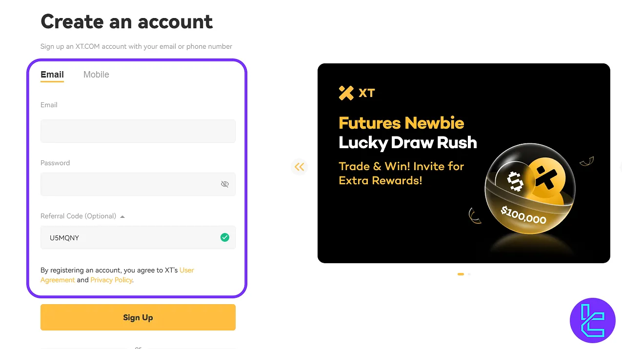 XT signup form