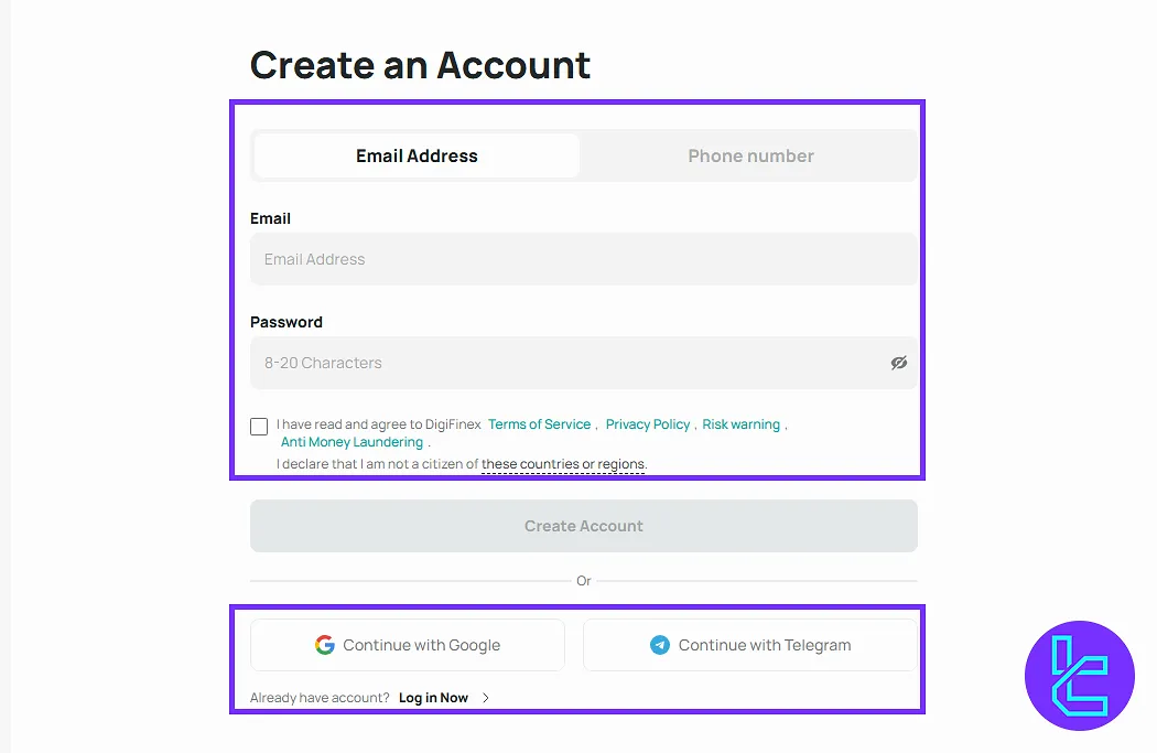 Account details for signing up for DigiFinex