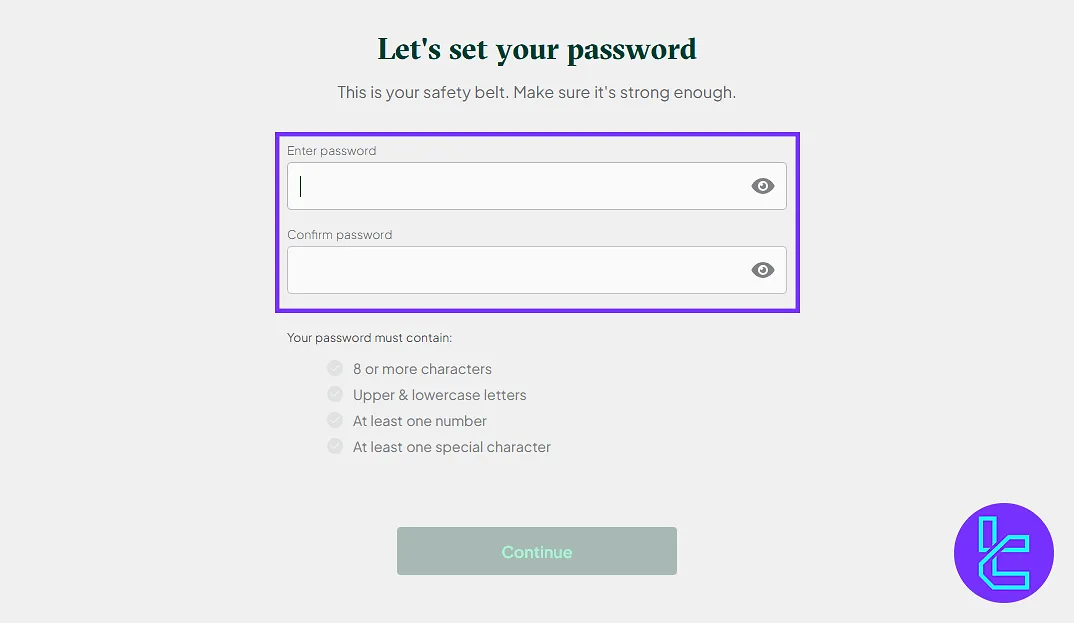 Bitstamp password setup in the registration process