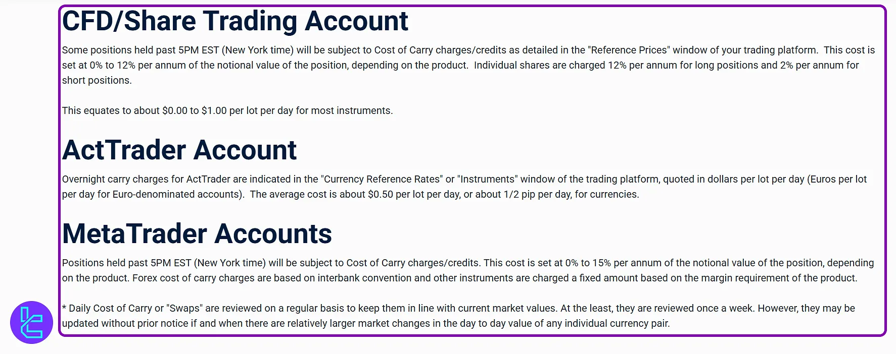 GCI Trading swap fees