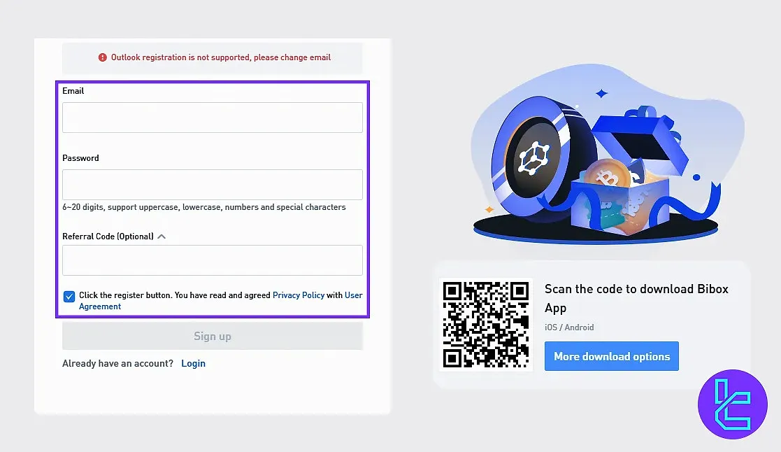 Bibox registration form