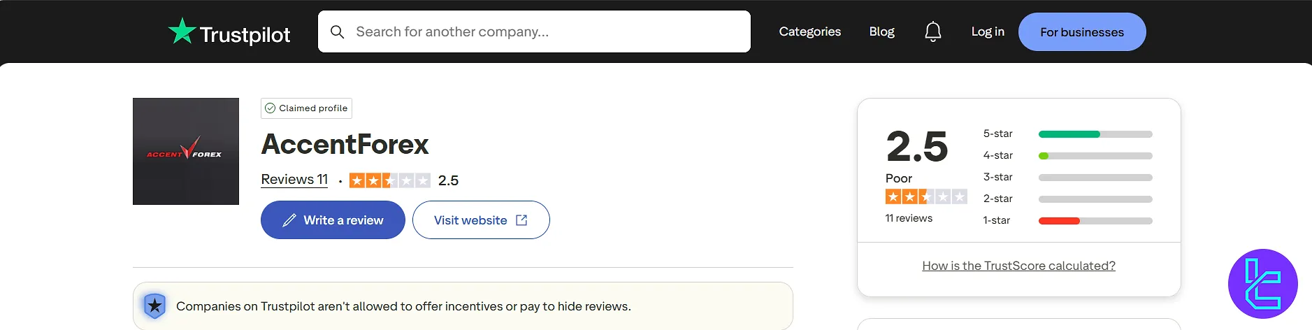 AccentForex Trust Score 2.5/5 on Trustpilot