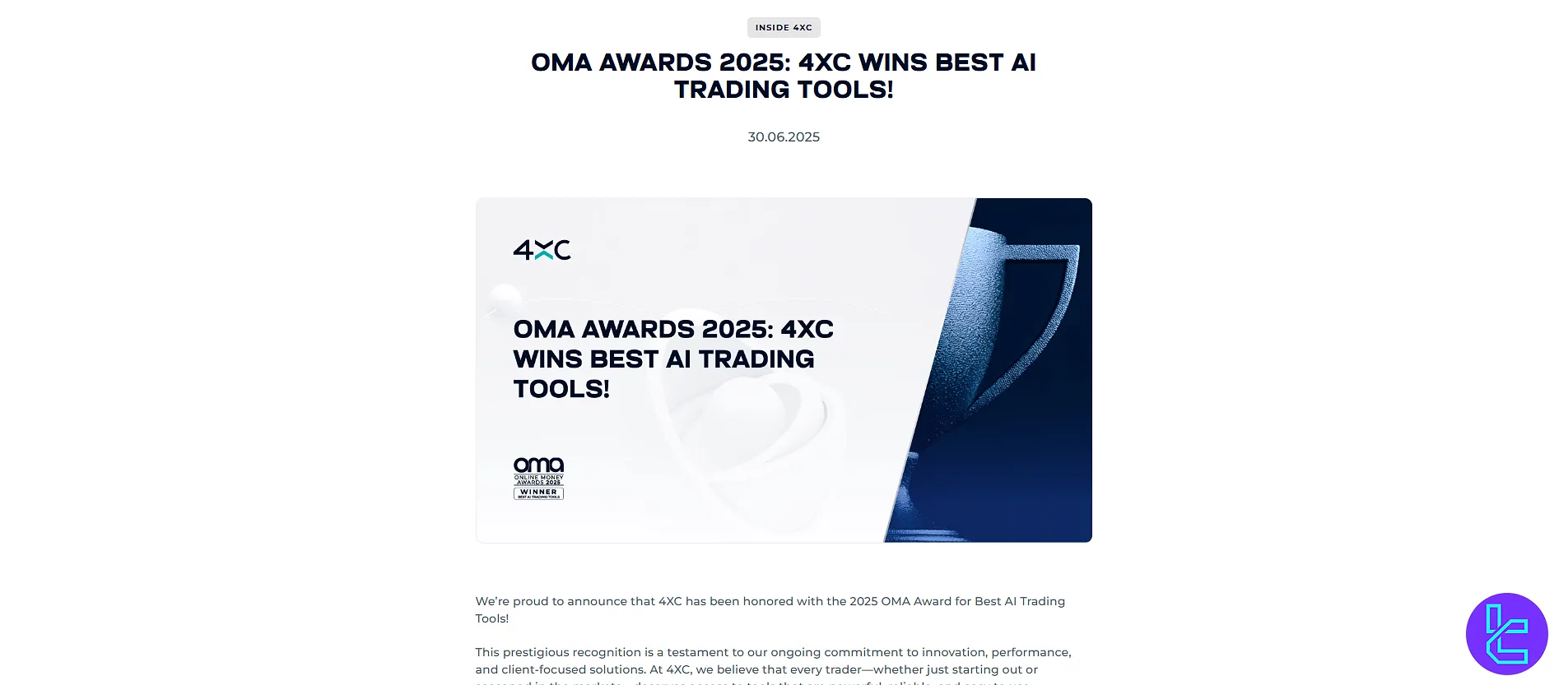 4XC receiving the 2025 OMA Award for Best AI Trading Tools