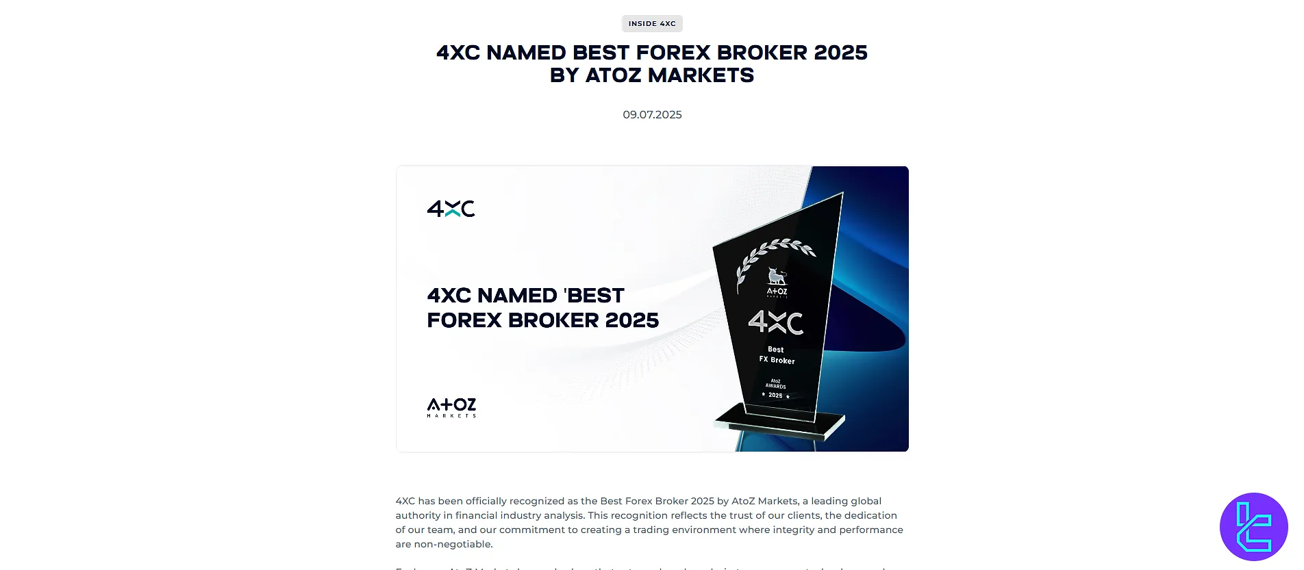 4XC named Best Forex Broker of 2025 by AtoZ Markets