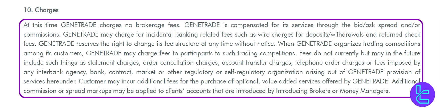 GeneTrade non-trading commission