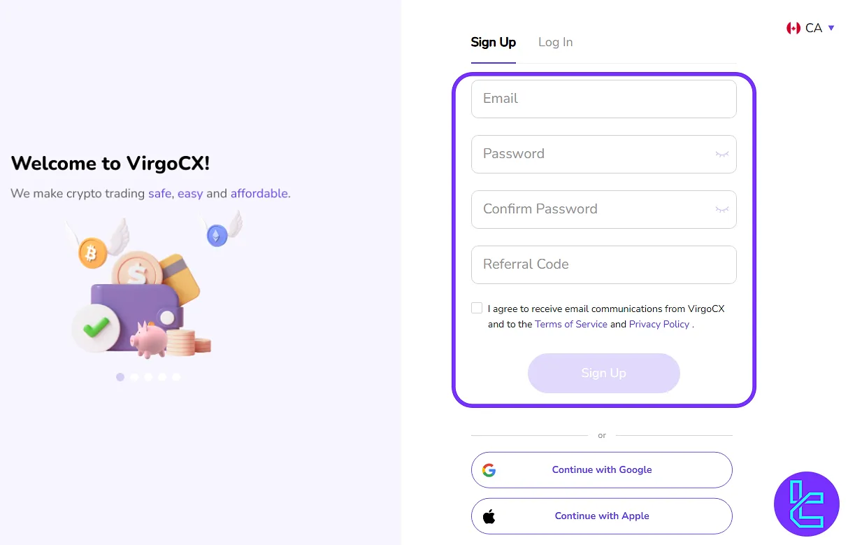 VirgoCX sign up with email option