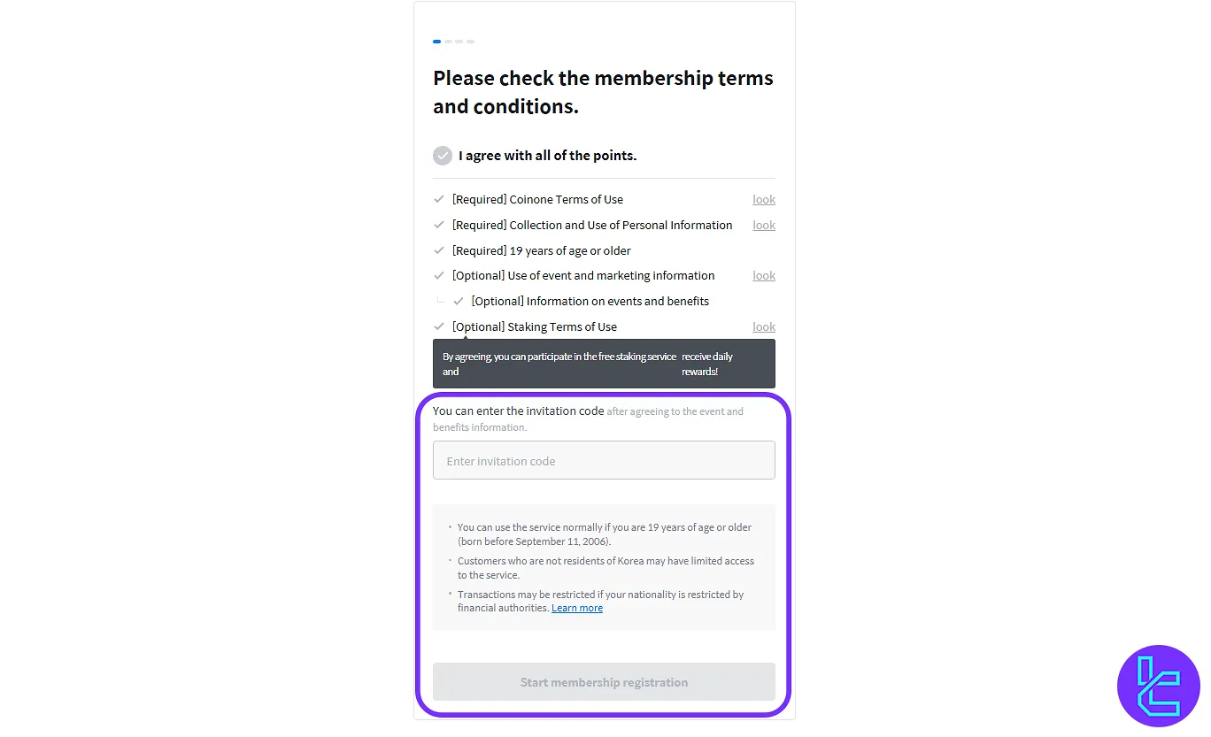 Coinone setup agreeing to terms and conditions