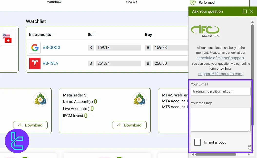 live chat section in the IFC Markets dashboard