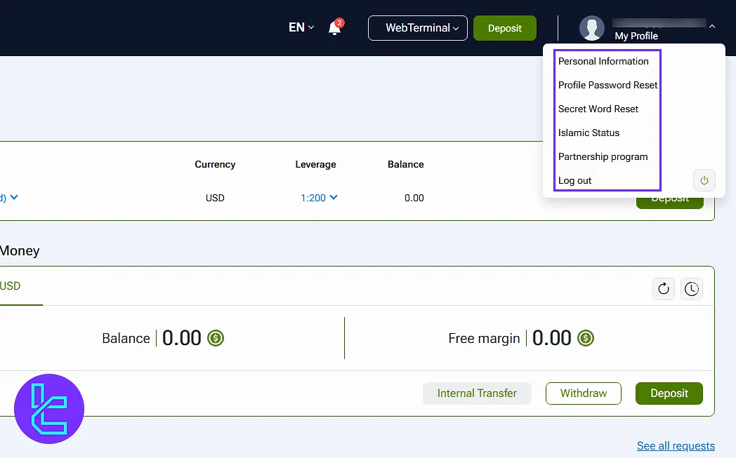 Account settings on IFC Markets panel
