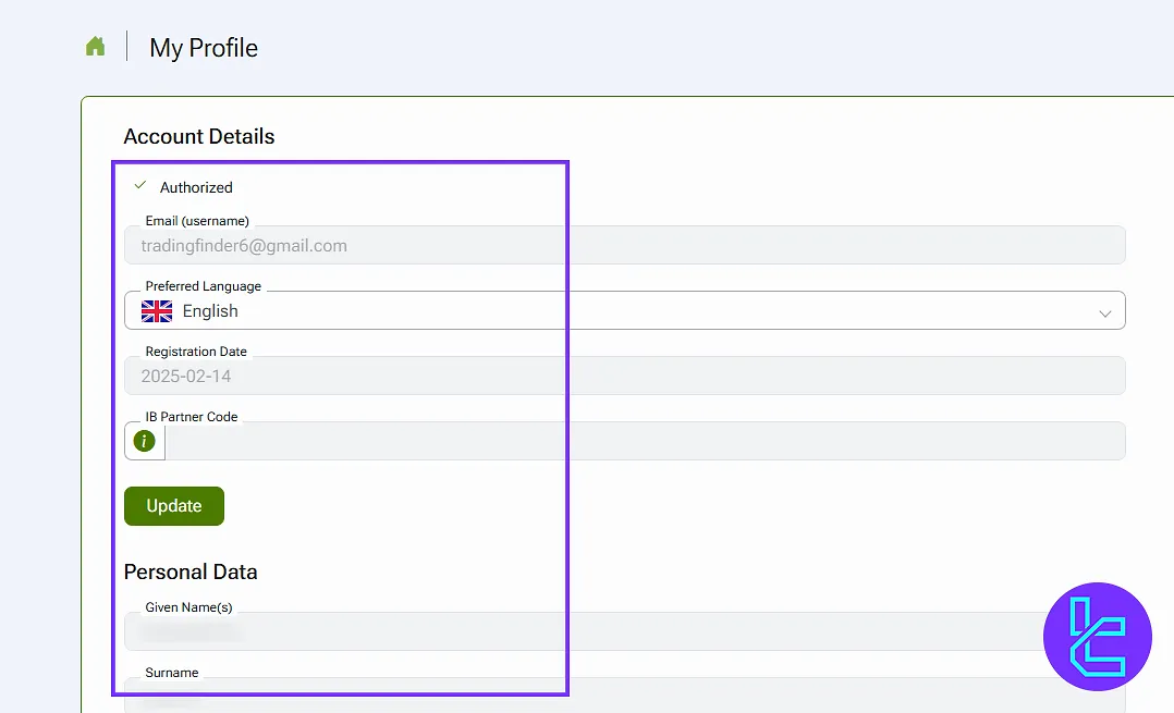 IFC Markets dashboard personal information section