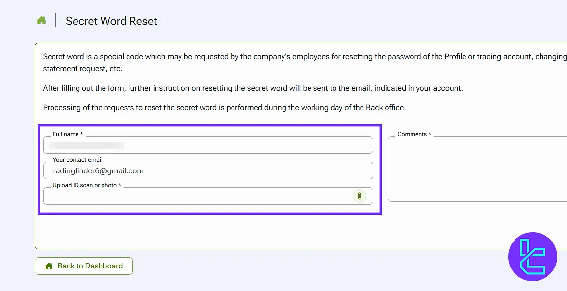 Secret word reset through the IFC Markets client portal