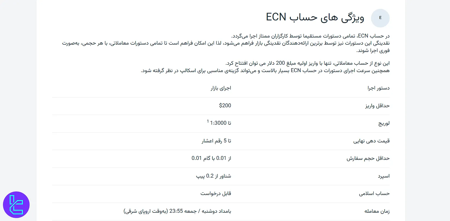 ویژگی‌های حساب ECN آمارکتس