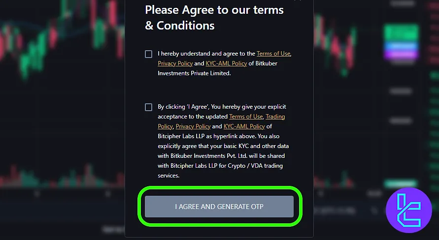 CoinSwitch setup terms and generate OTP
