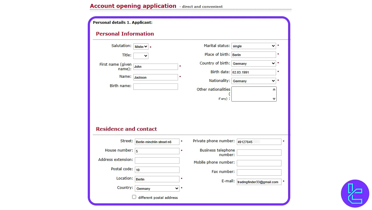 ViTrade sign-up personal information