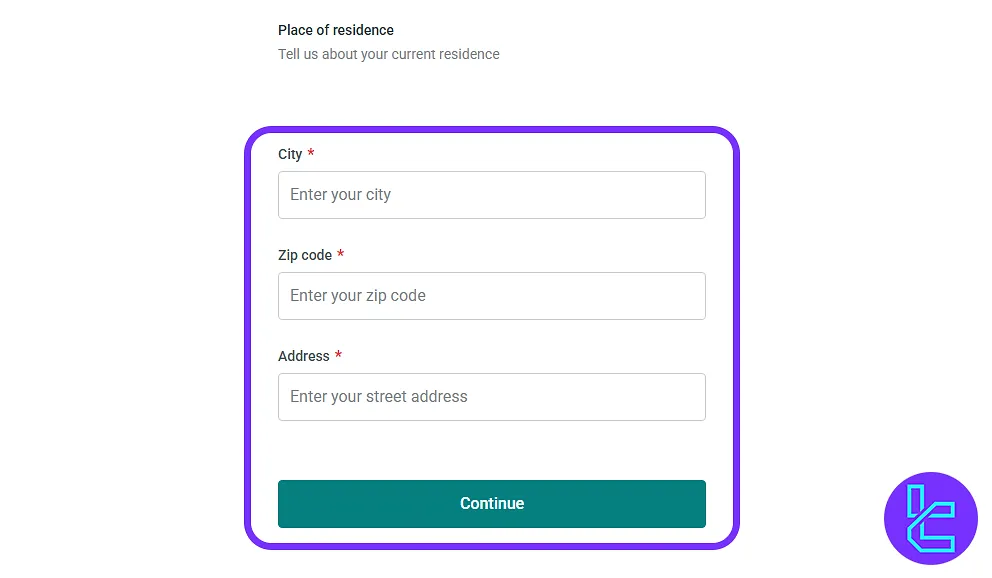 Address details entry in Evest account setup