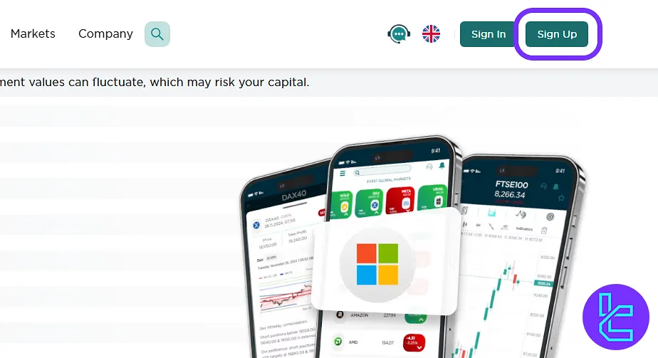 Evest signup button on homepage