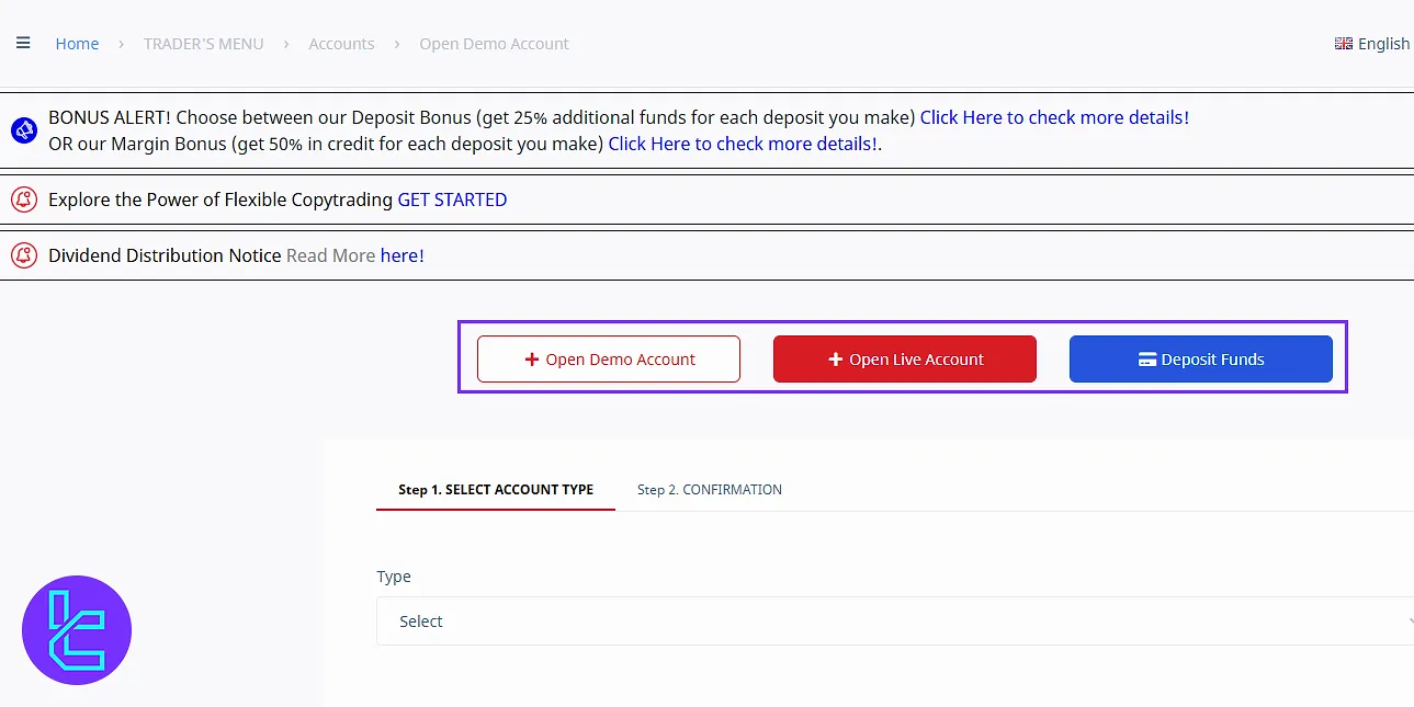 Accounts menu features in the D Prime panel
