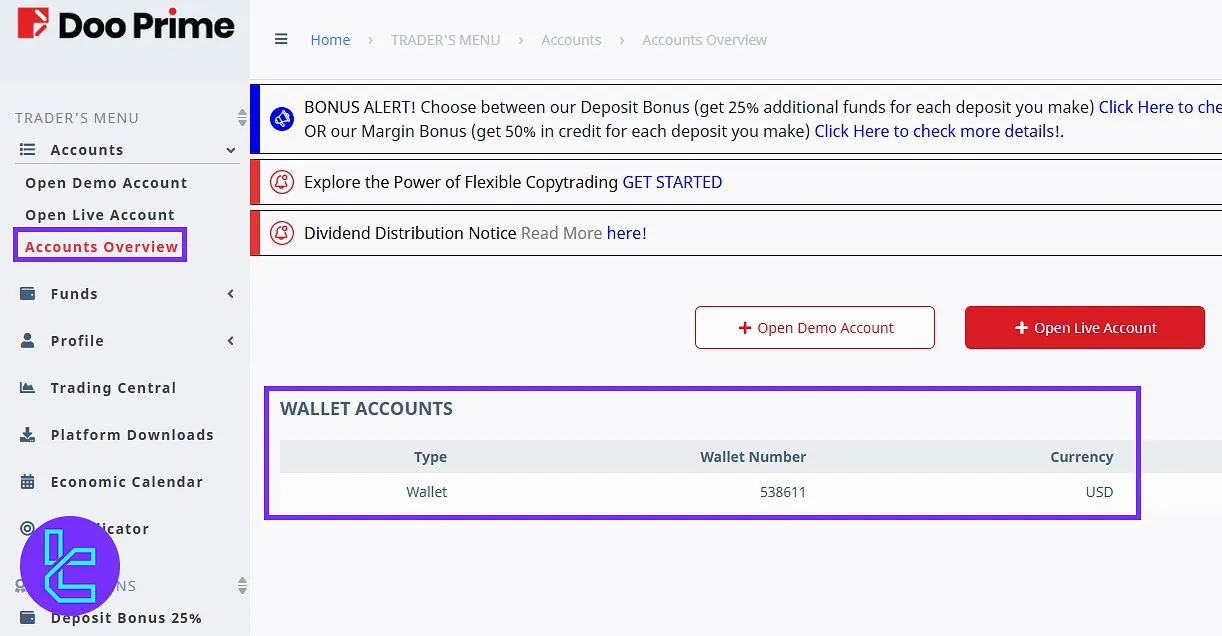 Accounts overview in D Prime dashboard