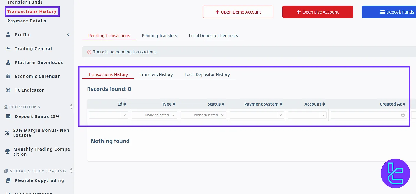 View transaction history in the D Prime user panel